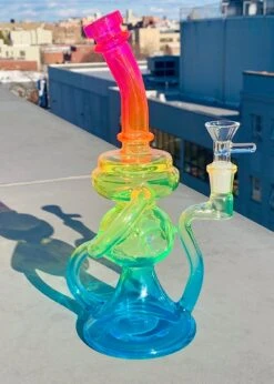 NEON RAINBOW RECYCLER BONG (uv Reactive)(Neon Rainbow Recycler Bong Rig) -Glass Smoke World IMG 0186
